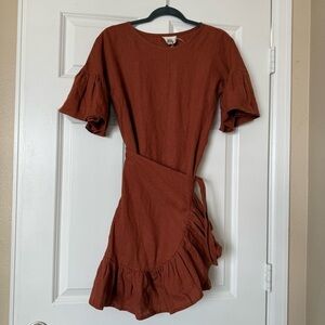 Linen Handmade Studio Tobacco Burnt Orange Cheryl Ruffle Wrap Mini Dress Size 6